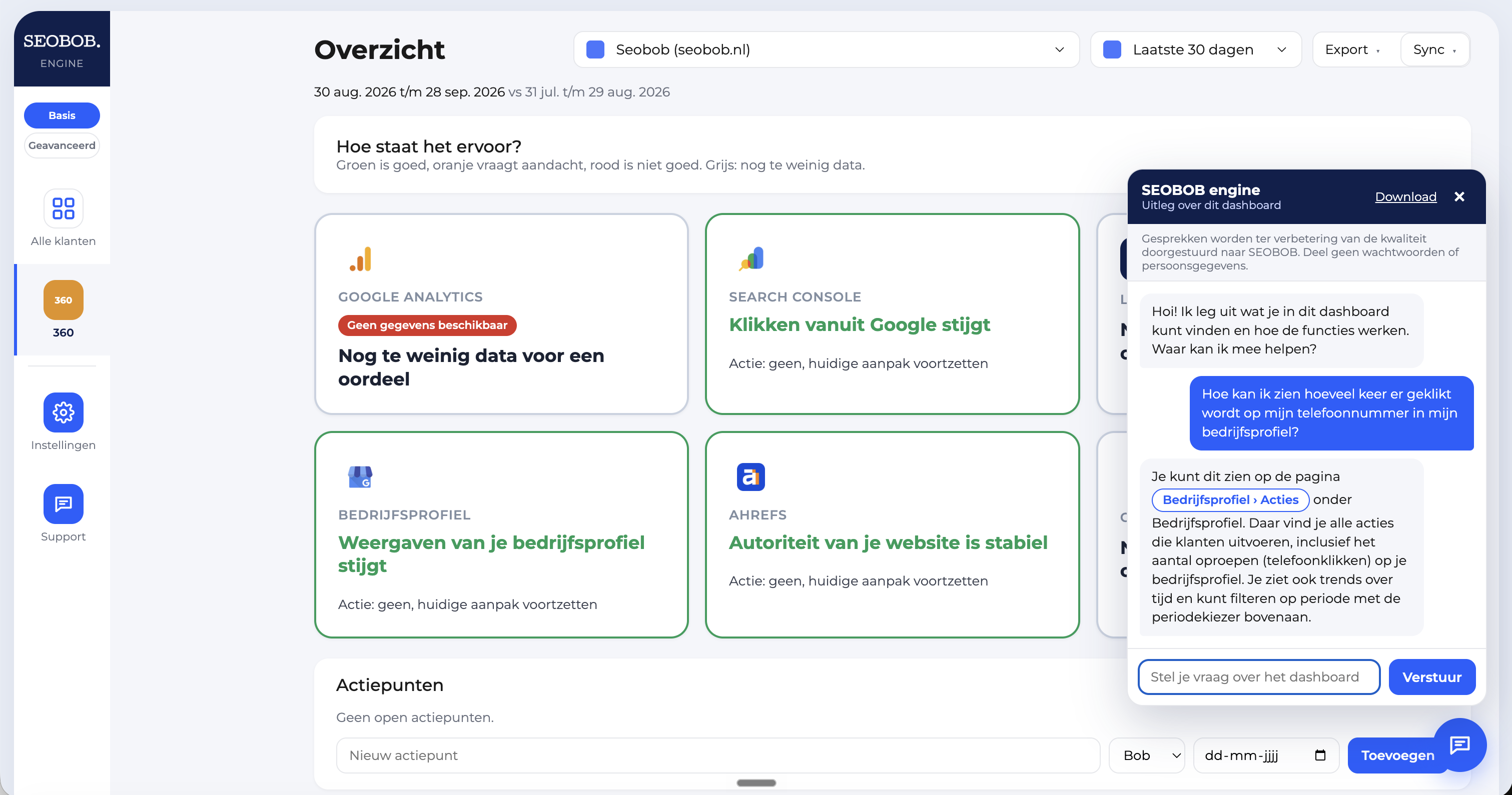 Screenshot van het SEOBOB Engine dashboard